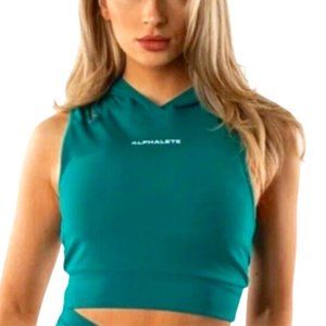 Alphalete Surface Crop Tank Hoodie Activewear - Teal Size Medium